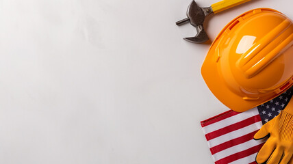 Concept, happy Labor Day. The American flag features several building tools against a white background, along with text copy space.