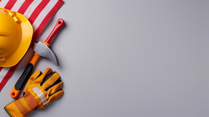 Wall Mural - Concept, happy Labor Day. The American flag features several building tools against a white background, along with text copy space.