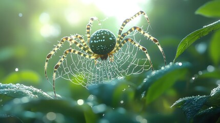 Wall Mural - A spider on its web amidst dew-covered leaves in sunlight.