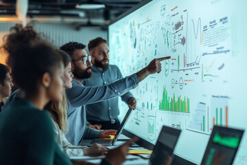 A group of colleagues in a meeting room, with one person pointing at a whiteboard filled with strategy diagrams and key performance indicators