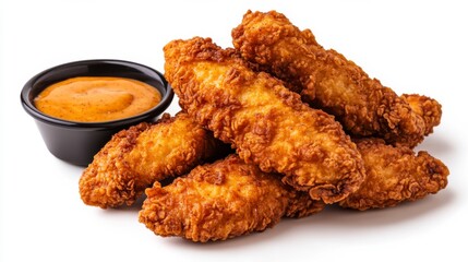 Delicious crispy fried chicken strips served with a side of savory dipping sauce, perfect for snacks or meals.