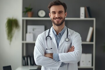 Wall Mural - Portrait of handsome young male doctor in white coat and stethoscope standing in office