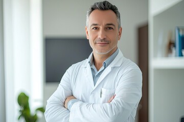 Wall Mural - Portrait of handsome young male doctor in white coat and stethoscope standing in office