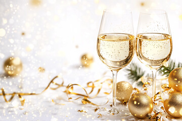 Two champagne glasses sparkle against a white and gold festive backdrop with golden baubles and ribbons surrounding them