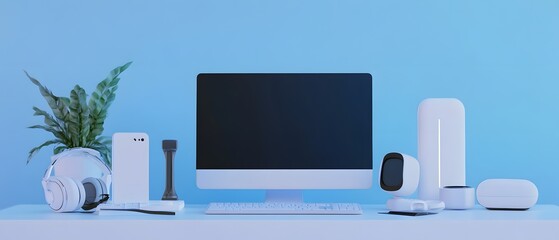 Poster - Modern workspace featuring a sleek computer, accessories, and a touch of greenery against a vibrant blue backdrop.
