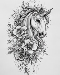 Wall Mural - A detailed black and white drawing of a unicorn's head with flowers and leaves.