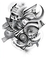 Wall Mural - abstract black and white geometric art with swirls, lines and patterns.