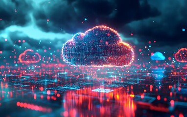 Poster - Vibrant digital cloud with glowing dots, symbolizing technology and data storage in a futuristic environment.