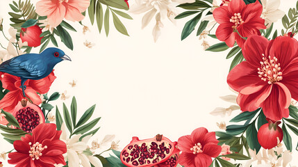 Wall Mural - Vibrant Floral Frame with Bird and Pomegranate - Perfect for Invitations and Greetings