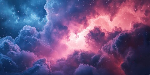 Wall Mural - Dreamy Pink and Blue Clouds Under Starry Night Sky and Galaxy, Vibrant Cosmic Nebula in Deep Space with Stars and Galaxies Across the Universe