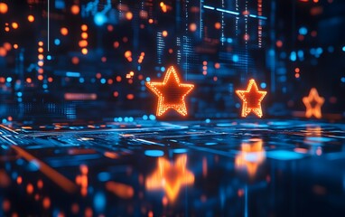 Poster - vibrant digital landscape featuring glowing stars in an immersive, futuristic environment with blue 