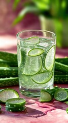 Sticker - Refreshing aloe vera infused water with ice cubes in a glass.