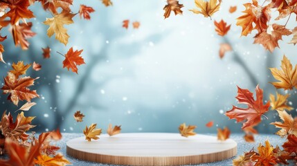 3D autumn and winter promotional atmosphere empty background, 3D autumn and winter promotional atmosphere empty background, fallen leaves, harvest fruit, autumn/Winter color gift box, red envelope,3d,