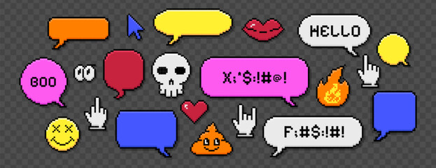 Poster - Pixel art dialogue box set with heart love, skull icons, bad swear words. Chat speech bubbles, message frames, talk balloons in 8bit retro style. Pixelated red mouth, funny smile face and poop sticker