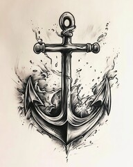 Canvas Print - A detailed black and white drawing of an anchor with water splashing around it.