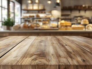 Empty wooden table top with a blurred background of a bakery shop interior for product display montage