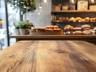 Poster - Empty wooden table top with a blurred background of a bakery shop interior for product display montage