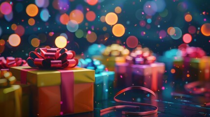 Wall Mural - colorful gift boxes with ribbons and bows on dark background