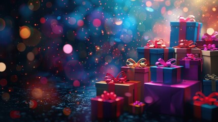 Wall Mural - colorful gift boxes with ribbons and bows on dark background
