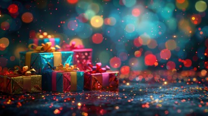 Wall Mural - colorful gift boxes with ribbons and bows on dark background