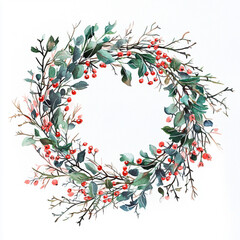 Wall Mural - thin xmas wreath. mistletoe and holly. coral pink and pale teal. watercolour painting