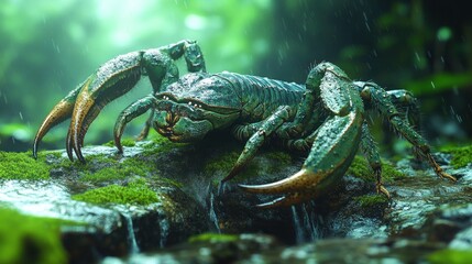 Wall Mural - A detailed crab resting on a mossy rock in a lush environment.