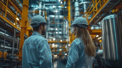 industrial collaboration: two engineers in hardhats stand back-to-back in a vast, intricate industri