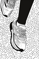 Poster - Black and white illustration of a runner's feet in motion. The detail shows the shoelaces, the texture of the shoe, and the runner's leg.