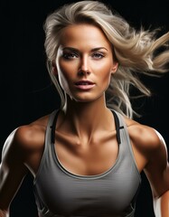 Wall Mural - portrait of a blonde woman runner wearing a grey top on black background