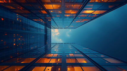 A breathtaking low-angle shot of towering skyscrapers bathed in warm, golden light as the sun sets. dynamic energy and grandeur of modern urban life.