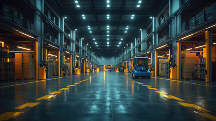Poster - high-tech warehouse with automated lights and robotics. spacious, high-tech warehouse lit by bright 