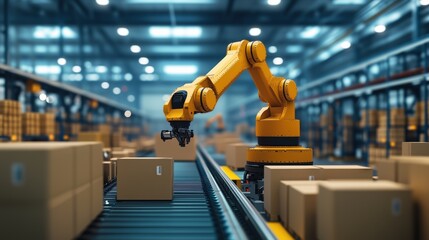 Poster - Automated Robotic Arm Sorting Packages in Warehouse. Modern warehouse with an automated robotic arm sorting and organizing packages on a conveyor belt, highlighting advanced logistics technology.