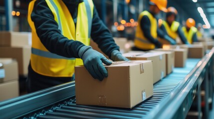 Poster - Warehouse Worker Handling Package on Conveyor Belt. Warehouse employee wearing safety gear carefully handles a package on a conveyor belt, ensuring efficient logistics and shipping processes.