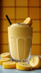 Poster - A glass of yellow smoothie with banana slices, chia seeds, and a black straw.