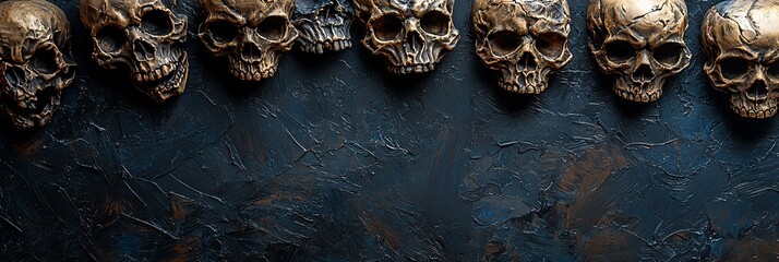 Golden-toned skulls aligned on a dark, textured background with subtle blue hues, offering a stark yet artistic representation of mortality in fine art style.