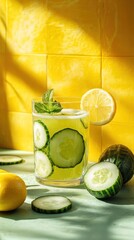 Poster - A refreshing glass of cucumber lemonade with lemon slices and mint leaves on a green surface with yellow tiles in the background.