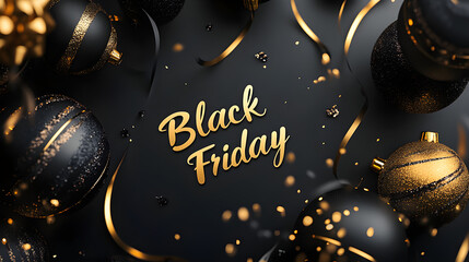 A creative banner featuring holiday decorations with black and gold ornaments and elegant lettering announcing black friday