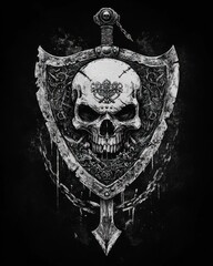 A skull with a sword and shield on a black background.