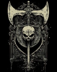 A skull with a sword and axe, with a cross on its forehead, in a dark gothic frame.