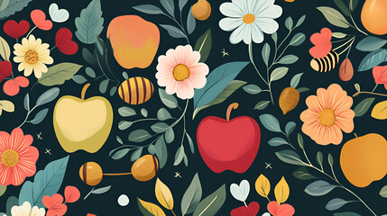 Wall Mural - Vibrant Floral Pattern with Apples and Bees for Your Next Project