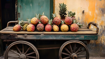 Brightly colored pineapples arranged neatly in a vintage market cart set against a rustic wall, showcasing a vibrant fruit display in a lively atmosphere