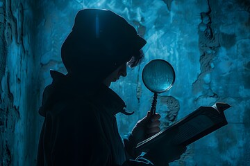 Mysterious Figure Examining a Book with a Magnifying Glass in a Dimly Lit Room