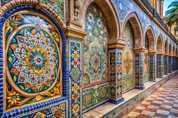 intricate, colorful mosaics adorning a medieval-inspired wall with swirling patterns, architectural motifs, and ornate details reflecting Spanish Modernist style.