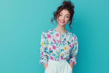 Wall Mural - A woman is wearing a floral shirt and white pants. She is smiling and posing for the camera