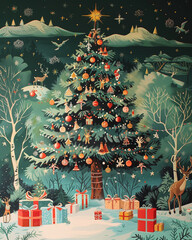 Canvas Print - giant xmas tree, surrounded by woodland scene. nostalgic. reindeer, presents, fairy lights, trees