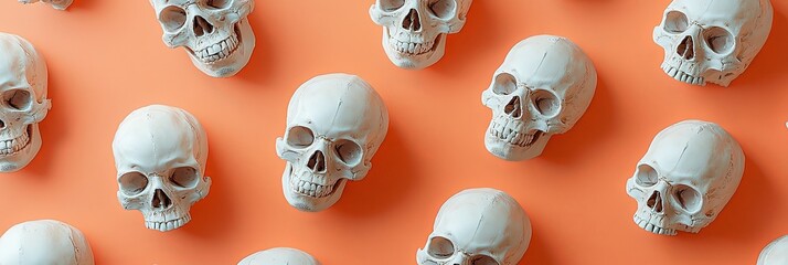 Multiple white skulls artistically displayed across a vibrant orange background, creating a visually appealing and unsettling combination representing human fragility.