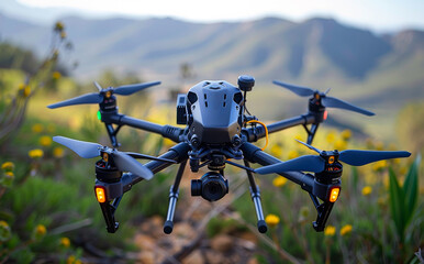 a black drone with orange lights on the front is flying over a field of yellow flowers. the drone is