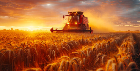 Wall Mural - A tractor is driving through a field of wheat. The sky is orange and the sun is setting