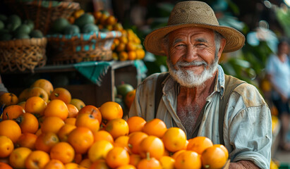 A man wearing a straw hat is smiling while holding a basket full of oranges. The scene is set in a market, with several other people and objects in the background