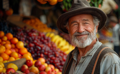 Canvas Print - A man wearing a hat stands in front of a fruit stand. He is smiling and he is happy